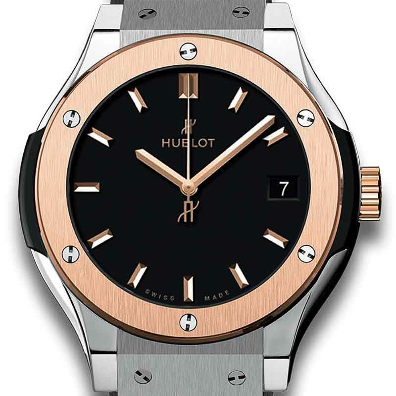 内部点検済 HUBLOT ウブロ クラシックフュージョン チタニウム ゴールド 565.CO.1780.LR デイト カーボン 黒 ブラック K18KG キングゴールド チタン セラミック 純正ラバーベルト 純正尾錠 メンズ レディース 自動巻き【6ヶ月保証】【腕時計】【中古】 ウブロ クラシック・フュージョン チタニウム キングゴールド 581.NO