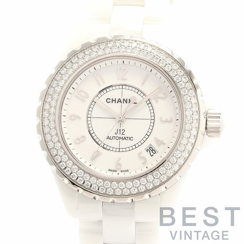 中古】CHANEL J12 WHITE CERAMIC DIAMOND BEZEL 38MM シャネル J12