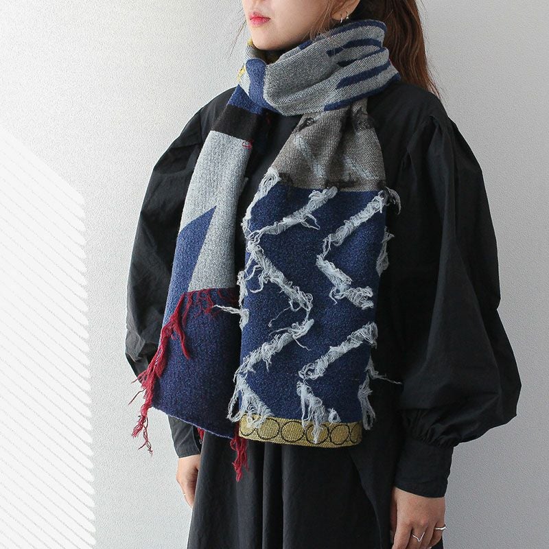 POLS ポルス ウールカット ジャガード ストール マフラー マリン グレー  SCWOH-CNT-2207-MAR