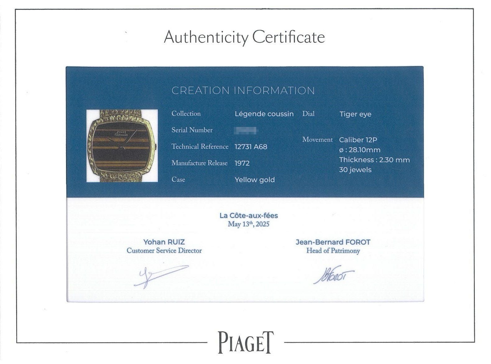 中古】PIAGET LEGENDE COUSSIN TIGER-EYE DIAL ピアジェ レジェンド