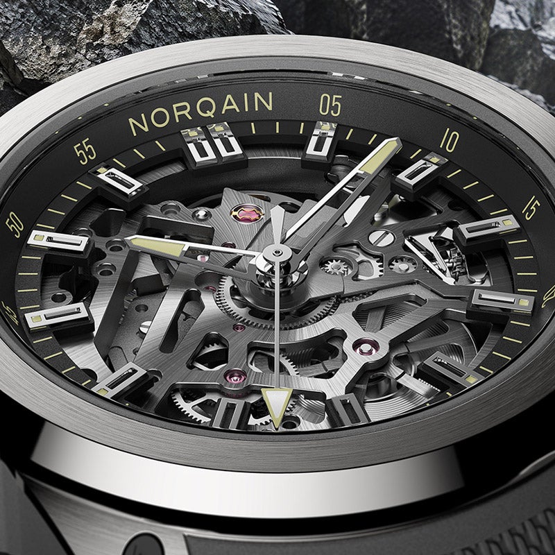 NORQAIN WILD ONE SKELETON TITANIUM Black NORTEQ&reg; pin buckle ノルケイン ワイルド ワン スケルトン チタニウム ブラック ノルテック&reg; ピンバックル N3001.26T01.B01.R01